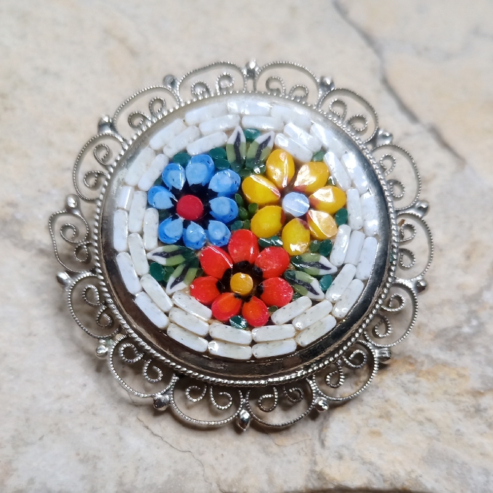 Vintage Floral Micro Mosaic Signed Italy Brooch with Silver Accents